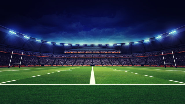 Rugby Stadium With Fans And Green Grass Playground