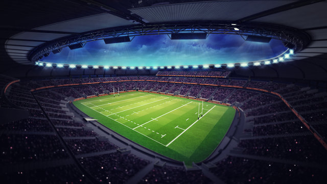 modern rugby stadium with fans under roof