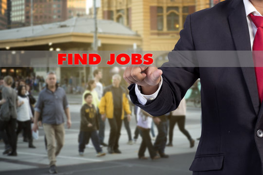 job search concept - businessman hand pressing an imaginary butt