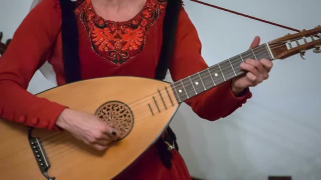 Members of a royal family are playing a tambura and a violin. They are performing for the visitors. Close-up shot.
