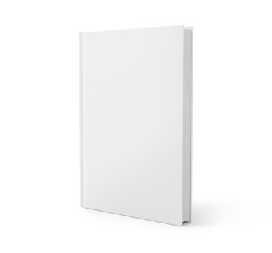 Blank vertical book cover template with pages in front side standing on white surface Perspective view. Vector illustration.