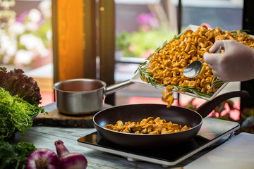 Yellow mushrooms on frying pan. Hand in glove with spoon. Tasty fried chanterelles. Chef knows lots of recipes.