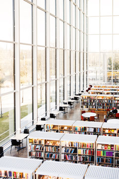 High angle view of library with glass windows