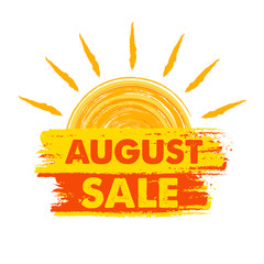 august sale with sun sign, yellow and orange drawn label, vector