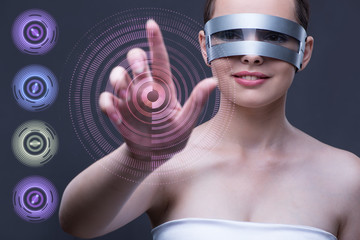 Techno girl pressing virtual buttons
