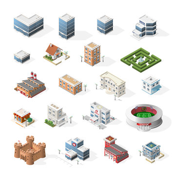 Isometric High Quality City Street Urban Buildings on White Background.