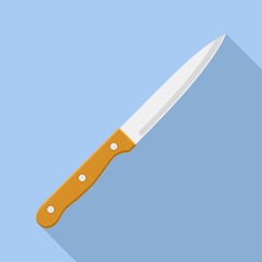 Kitchen knife cutter with handle sharp blade cook in flat style. Knife icon steel vector kitchenware cooking equipment isolated on blue background with shadow.