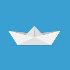 Obraz premium Paper boats ship origami toy vessel transport. Ocean navy freedom yacht paper ship in flat style on blue background.