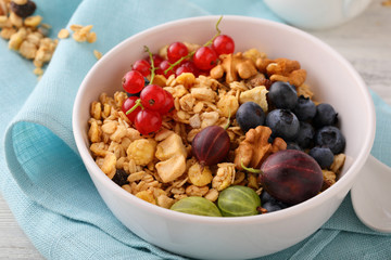 Granola in white bowl with summer berries