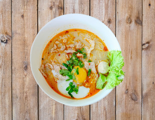 Noodle soup hot spicy pork egg and vegetable