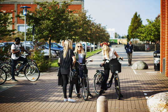 Happy female friends with bicycles standing at college campus