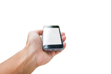 Hand using mobile phone,with blank screen, isolated on white background