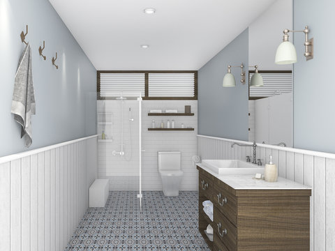 3d rendering blue vintage restroom with classic lamp