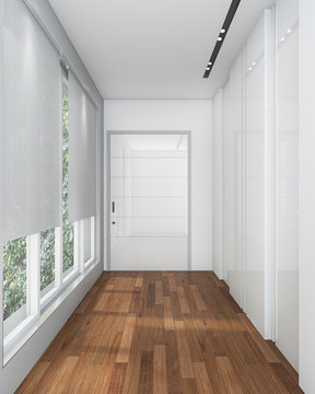 3d rendering white walk in closet with laminate wood floor