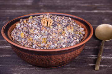 Bowl with kutia - traditional Christmas sweet meal in Ukraine, Belarus and Russia.