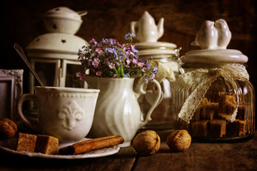 retro tea set on wooden background