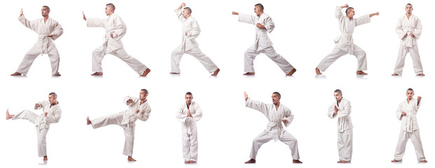 Collage of karate player in kimono isolated on white - Powered by Adobe