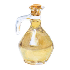 Olive oil in the bottle. A splash of oil. Isolated. Watercolor i