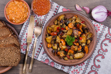 Vegetable stew in plate, close up.