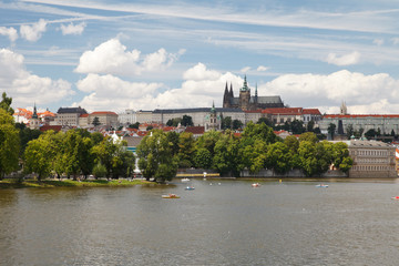 View of the Vltava river, Prague Castle and St. Vitus Cathedral. Czech Republic
