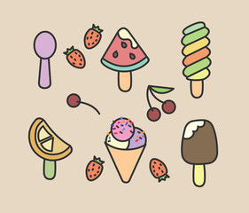 set of vector icons, chocolate ice cream, spoon, ice cream icons