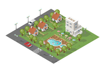Set of Isolated High Quality Isometric City Elements. Cottages with Swimming Pool on White Background.