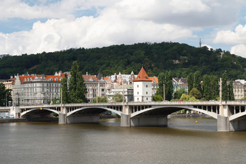 Views of the City of Prague. Jirasek Bridge over the Vltava river