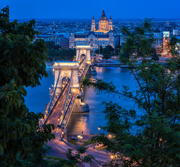 The famous Chain Bridge at night in Budapest, Hungary