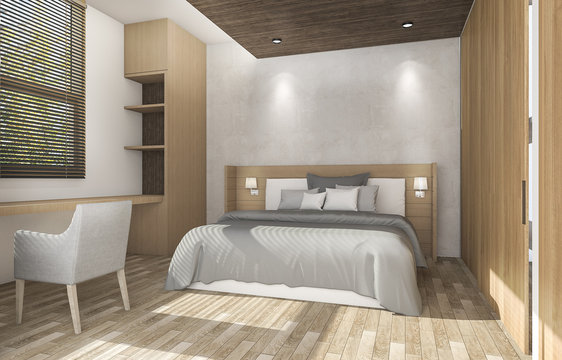 3d rendering wood bedroom with good atmosphere