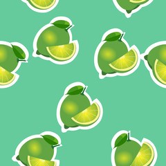 Pattern. lime and leavesand slices same sizes on turquoise background.