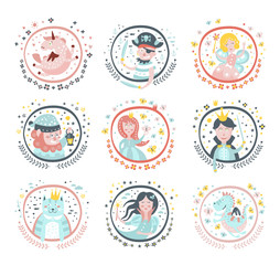 Fairy Tale Characters Girly Stickers In Round Frames