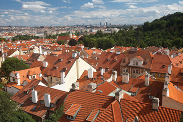 Fototapeta na wymiar Panorama of Prague downtown with red roofs 
