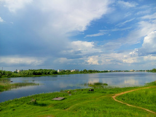 Beautiful nature, river and cloudy blue sky/Beautiful nature, river and cloudy blue sky