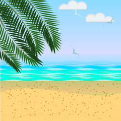 Fototapeta na wymiar Vector summer sea landscape with palm leaves, beach, beautiful sea, blue sky
