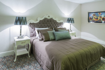 Modern hotel room with big bed