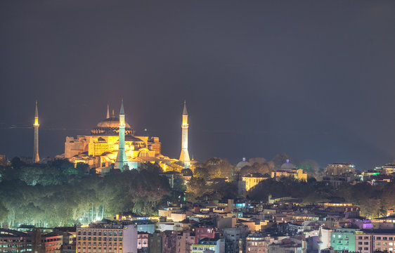 Aerial view of Blue Mosque at night, Istanbul