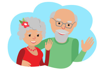 Happy senior couple waving his hand. Vector drawing in the cloud communication icone. Hello gesture.