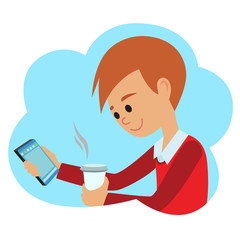 Vector illustration in flat style. Icon boy with phone and coffee in hands.