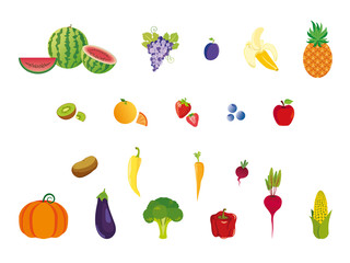 Icons set fruits and vegetables. Different types of fruit and vegetables. Vector illustration