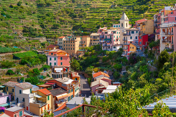 Aerial panoramic view of Manarola fishing village in Five lands, Cinque Terre National Park, Liguria, Italy.