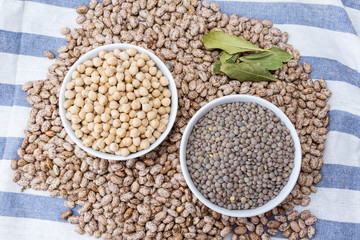 beans, chickpeas and lentils in porcelain bowls on a dishcloth
