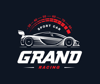 Racing car logo on dark background.