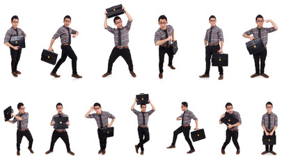 Young employee with briefcase isolated on white