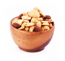 Macadamia nuts, cashews, almonds, peanuts on white background