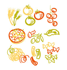 vector design of italian food icon set. hand drawn paste and piz