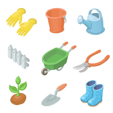 Gardening work tools icons set. Nice equipment for working in garden, gardening cart, gloves, secateurs, seeds, truck, shovel. Vector