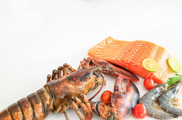 Sea food set. There are Lobster, salmon meat and Shrimps. The in