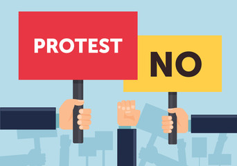 Hand holding protest sign flat illustration. Protest, demonstration, riot, political rally concept. Flat design. Vector illustration