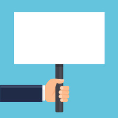 hand holding a sign or blank poster. Horizontal format. Flat style. Vector illustration.