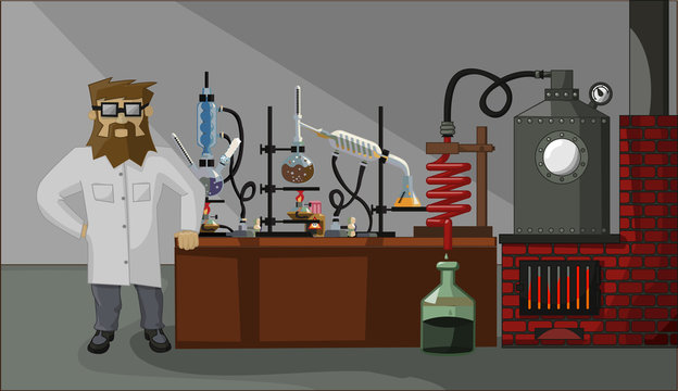 bearded chemist in the laboratory background